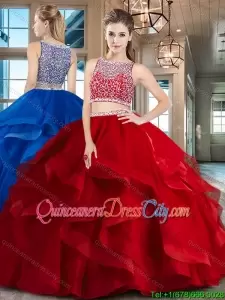 Bright Red Two Piece Side Zipper Quinceanera Dress with Ruffles and Crystals