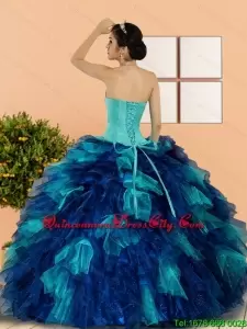 Cheap Two Colored Aqua and Blue Puffy Beaded Bodice Sweetheart Quinceanera Dress