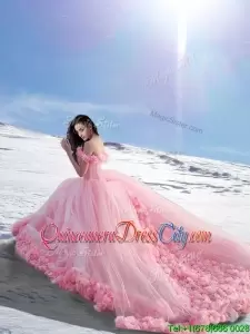 Puffy Bottom Pink Off Shoulder Cap Sleeves 3D Flowers Quinceanera Dress with Train