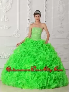 Designer Spring Green Ball Gown Strapless Organza Beading Quinceanera Dress with Ruffles