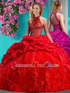 Custom Red Halter Top Modern Quinceanera Dress Sparkly Ruffled Skirt Short Train