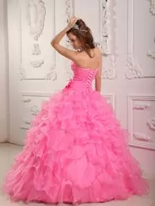 Ruffled Rose Pink Sweetheart 3D Flowers Dress for Quince Simple Style