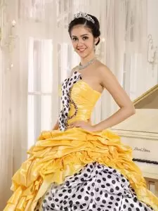 Pretty Yellow Taffeta Pick-ups White and Black Spot Quinceanera Dress Under 200