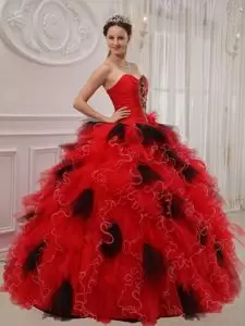 Red And Black Tulle Puffy Bottom Ruffles Quinceanera Dress Sweetheart