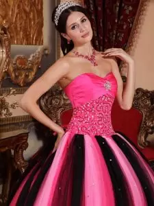 Multi-colored Light Pink and Black Tulle Beaded Puffy Quinceanera Dress