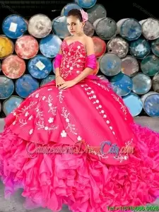 Western Style Fuchsia Brush Train Ruffled Quinceanera Dress with Gold Buttons and Embroidery