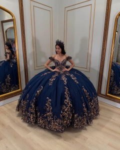 Discount Navy Blue and Gold Quinceanera Dress with Beaded Bodice and Bow Back
