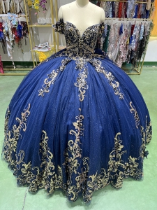 Discount Navy Blue and Gold Quinceanera Dress with Beaded Bodice and Bow Back