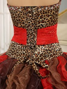 Multi-layer Leopard Printed Small V Shape Neck Ruffled Quinceanera Dress with Belt