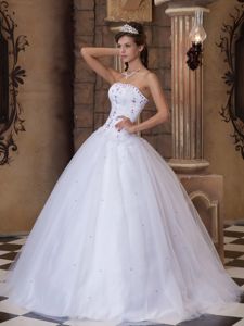 White Strapless Quinceanera Gowns with Embroidery and Beading