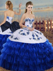 Embroidery and Ruffled Layers and Bowknot 15 Quinceanera Dress Royal Blue Lace Up Sleeveless Floor Length