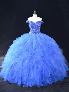 Eye-catching Blue Off The Shoulder Lace Up Beading and Ruffles Quinceanera Dresses Sleeveless