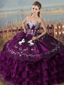 Purple Sweet 16 Quinceanera Dress Sweet 16 and Quinceanera with Embroidery and Ruffles Sweetheart Sleeveless Lace Up