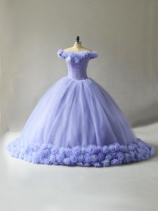 Beautiful Lavender Quinceanera Dress Handmade Flowers Off The Shoulder with Court Train