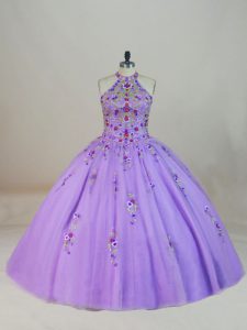 Beautiful Lavender Halter Quinceanera Dress with Colorful Floral Embroidery and Short Train