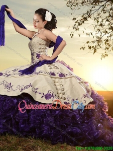 Classical White and Purple Organza and Taffeta Embroideried Sweet 16 Dress with Brush Train