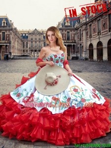 Luxurious White and Red Quinceanera Dresses with Ruffled Layers and Embroidery