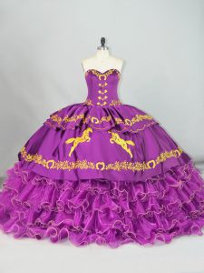 Purple Lace Up Sweetheart Embroidery and Ruffles 15 Quinceanera Dress Satin and Organza Sleeveless Brush Train