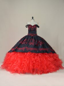Charro Embroidery and Ruffles Quinceanera Dress Red And Black with Short Train
