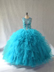 Scoop Sleeveless Tulle Sweet 16 Quinceanera Dress Beading and Ruffles Lace Up