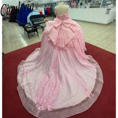 Ballet Pink Off Shoulder Quinceanera Dress with Glitter Tulle Beaded Appliques Illusion Corset Bodice